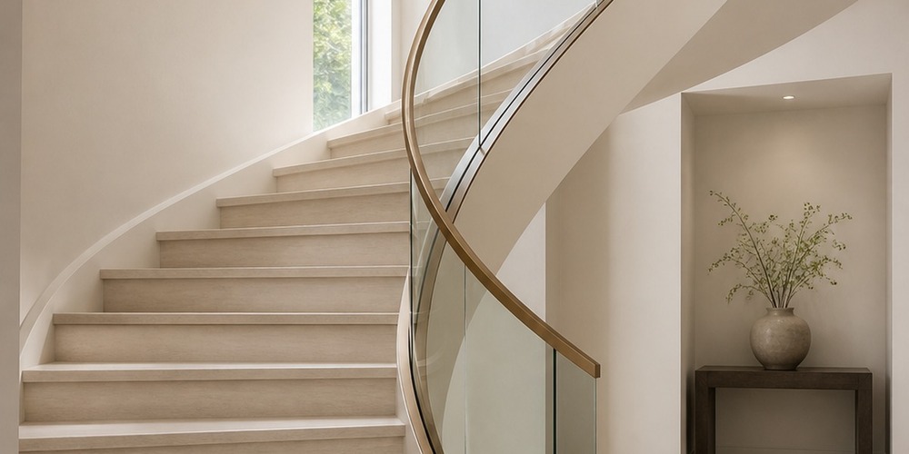 Curved staircase with light treads, glass balustrade, and a wood handrail beside a wall niche.